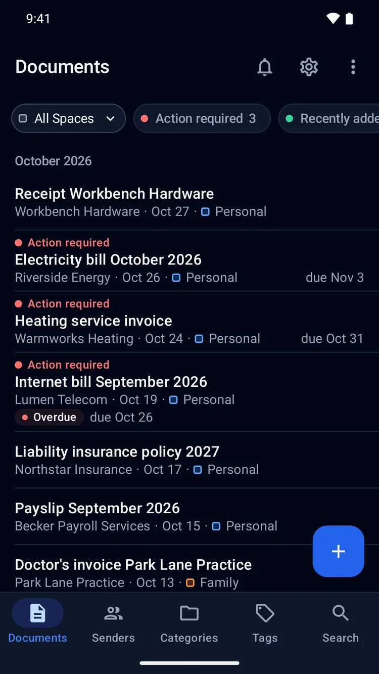 The document list of the Paperarchive app on Android