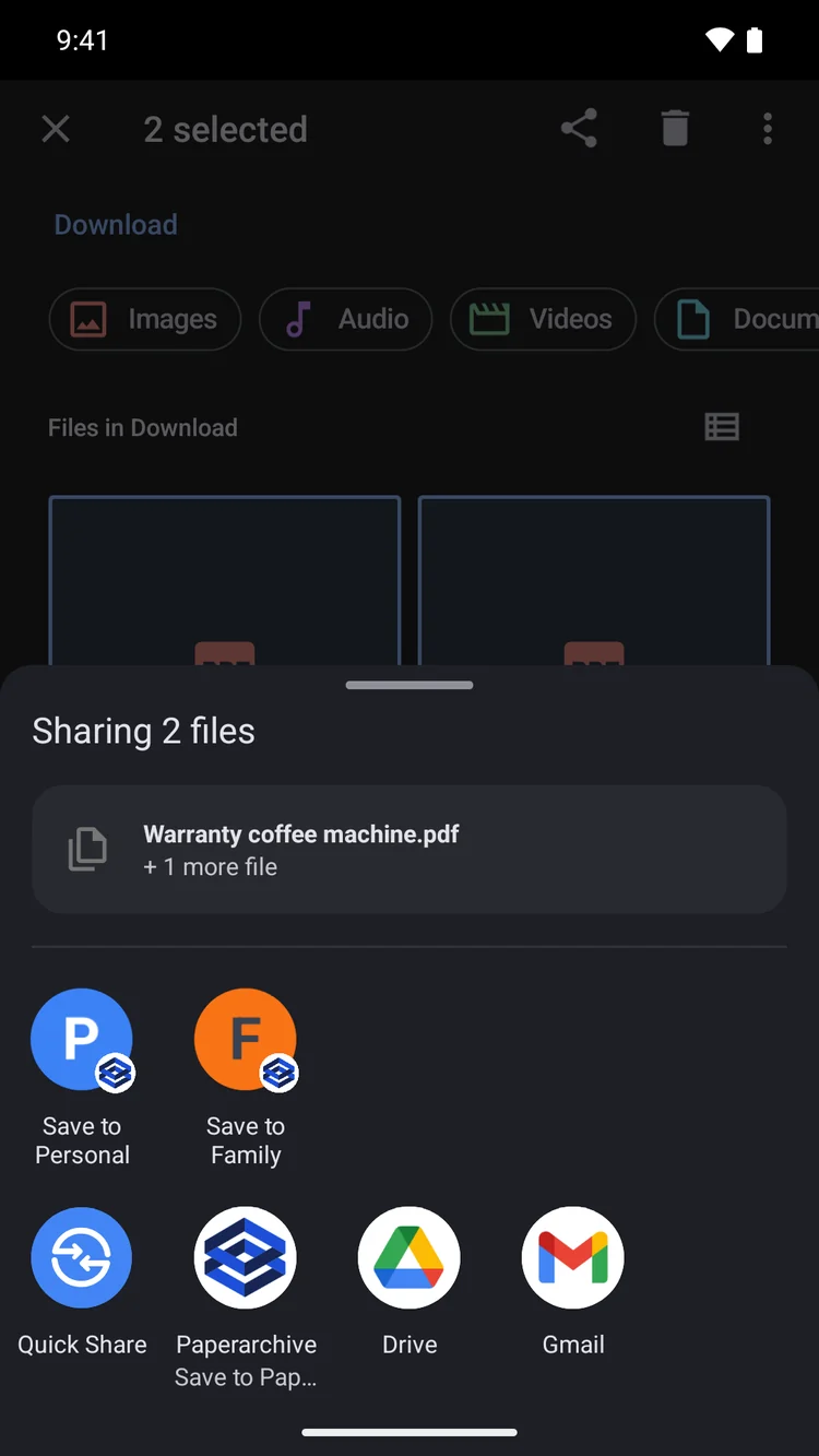 The Android share menu with your Paperarchive spaces as direct targets