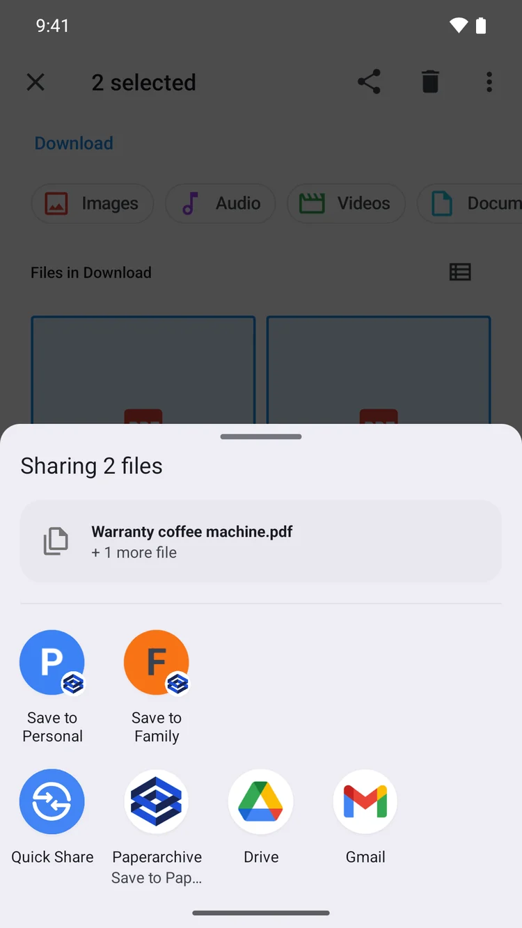 The Android share menu with your Paperarchive spaces as direct targets