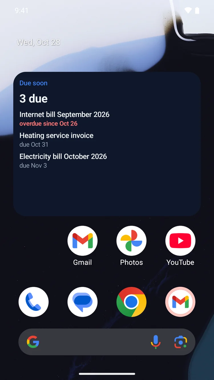 The "Due soon" widget on an Android home screen with three deadlines, one overdue