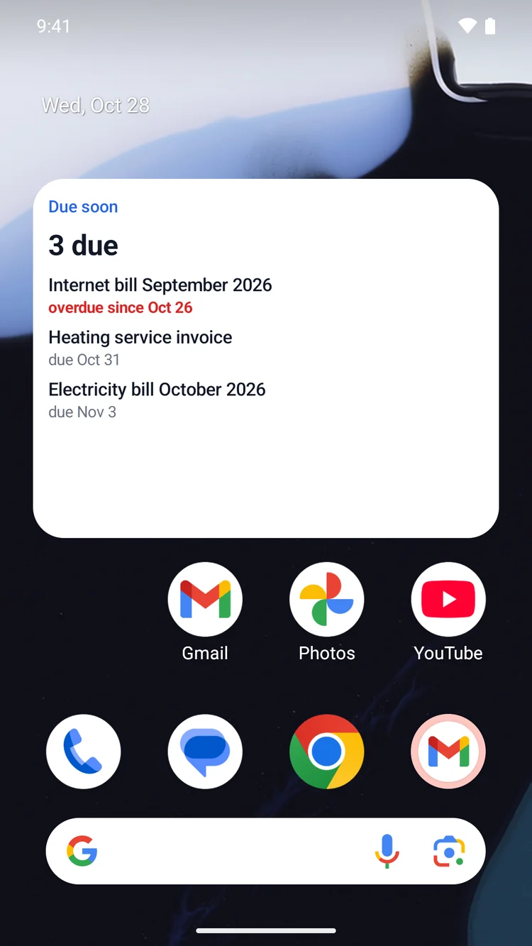 The "Due soon" widget on an Android home screen with three deadlines, one overdue