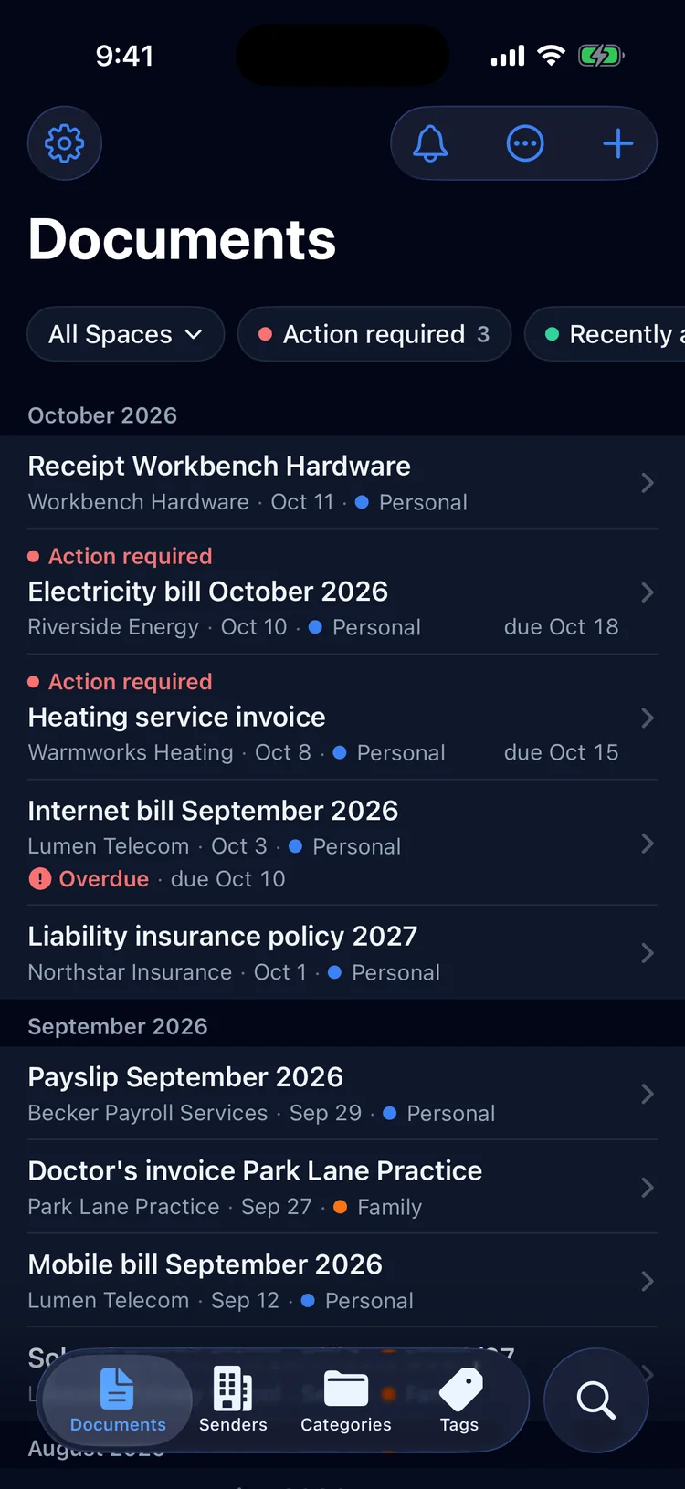The document list of the Paperarchive app on iPhone