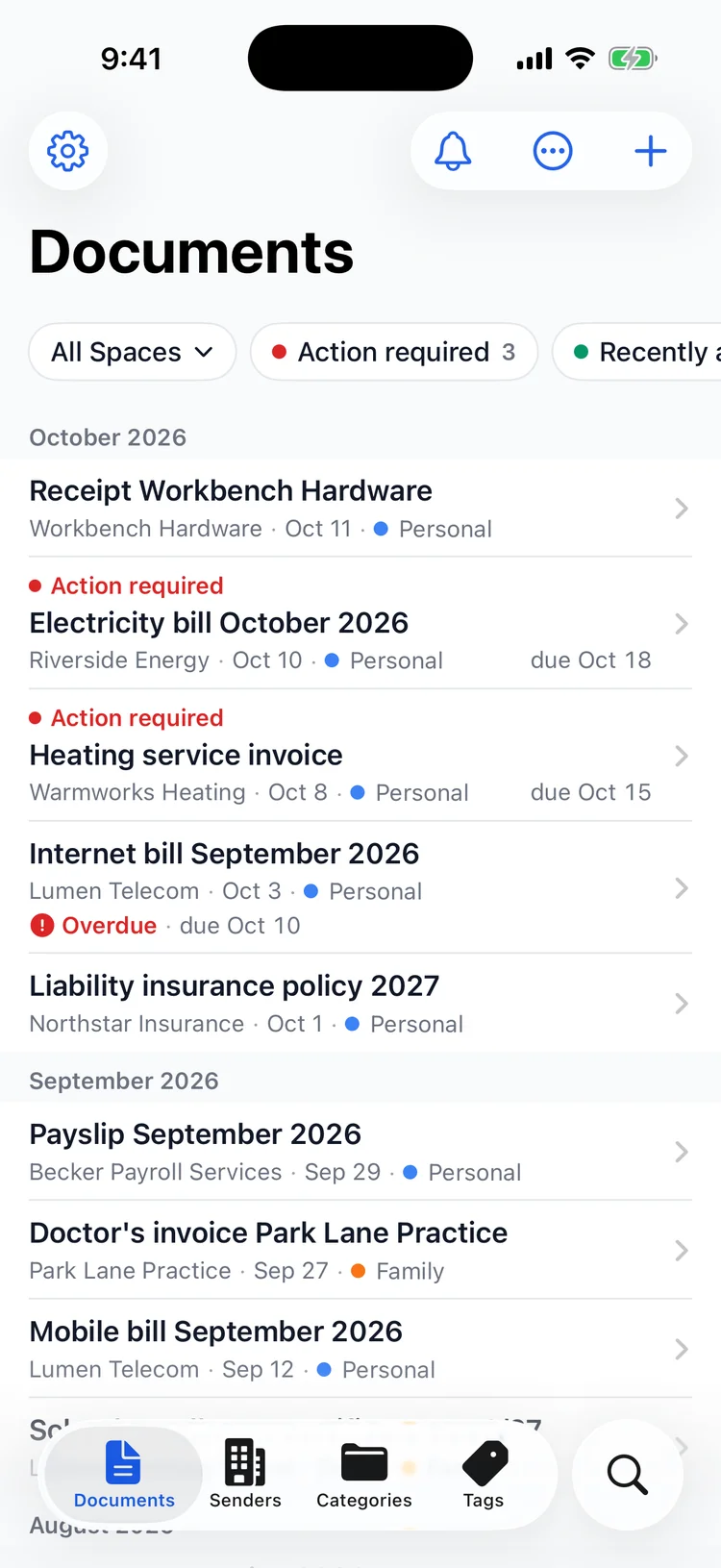 The document list of the Paperarchive app on iPhone