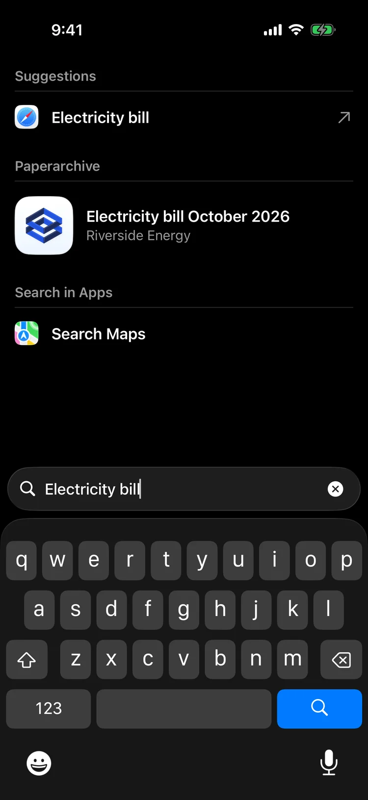 iPhone search shows a document from Paperarchive