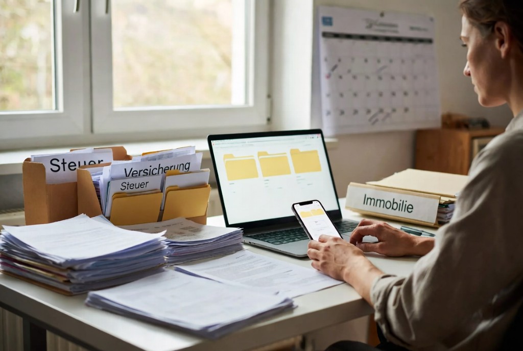 Organized private documents on a bright desk with laptop and phone