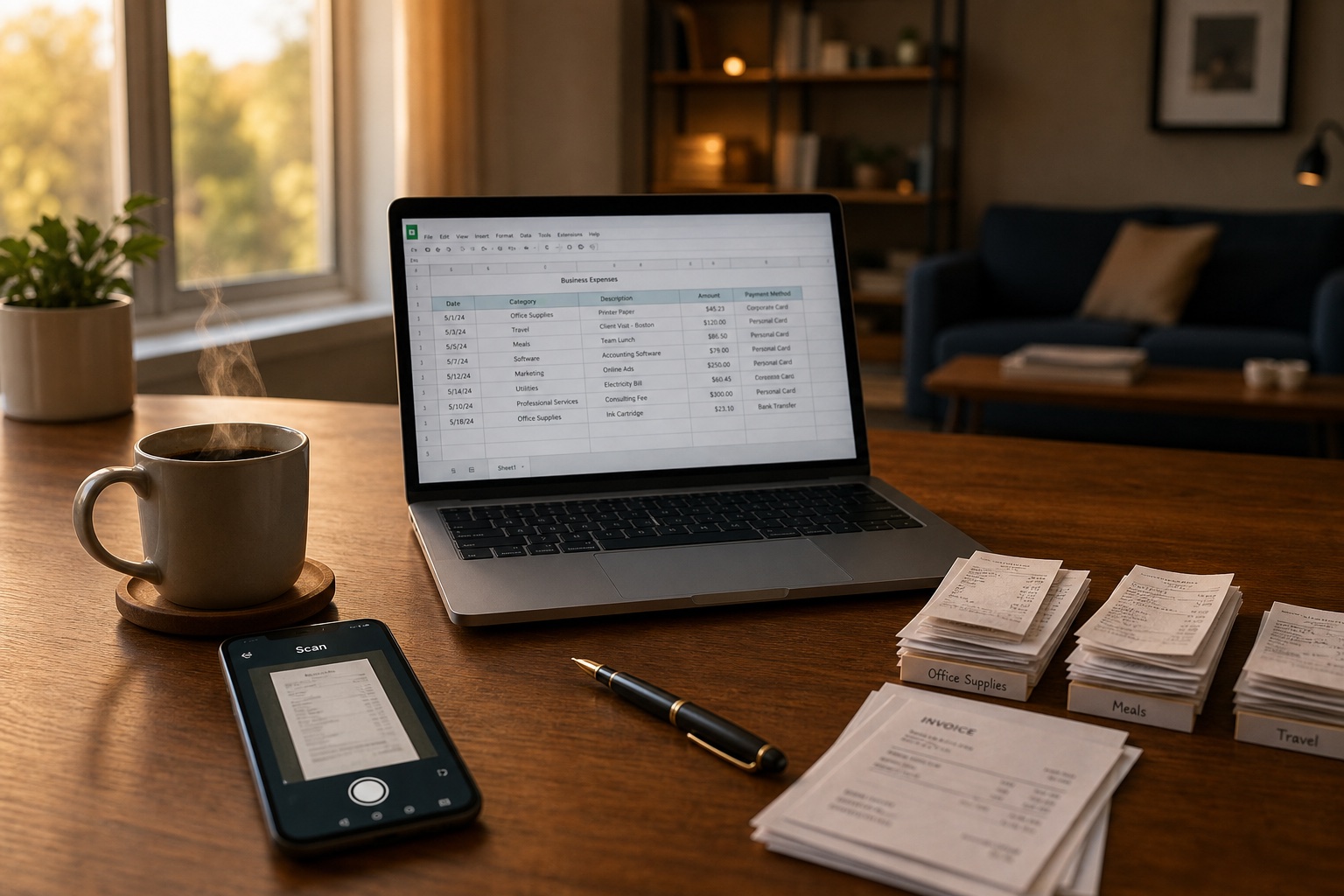 Sorted receipts on a desk next to a laptop and smartphone