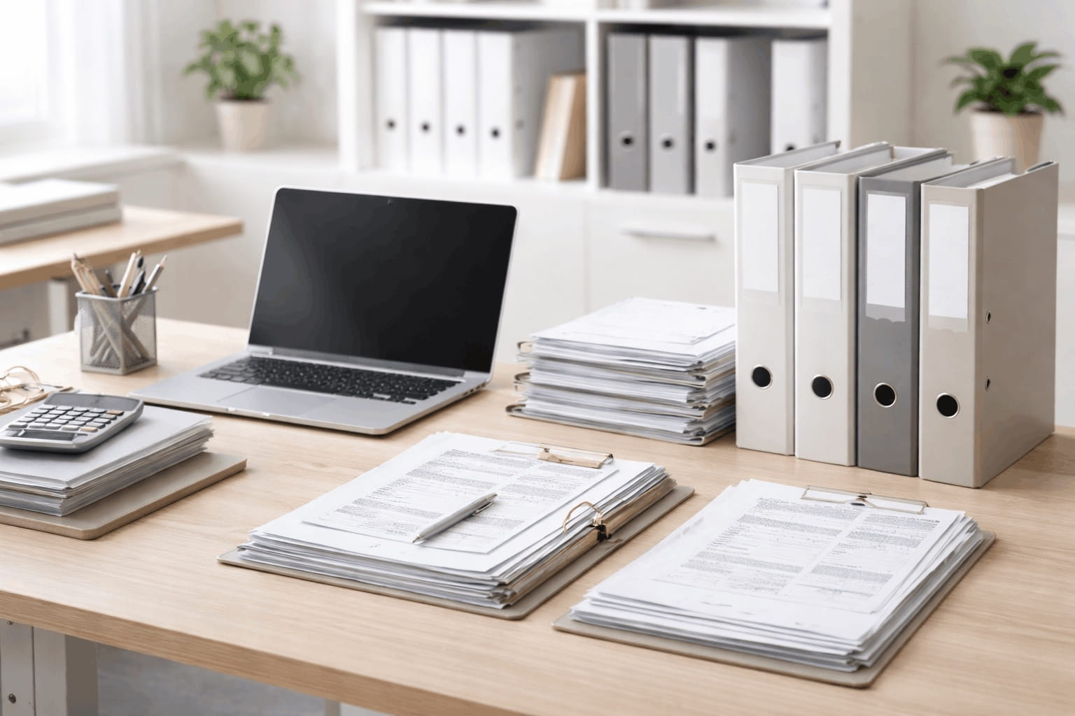 Organized folders, invoices, and documents on a desk