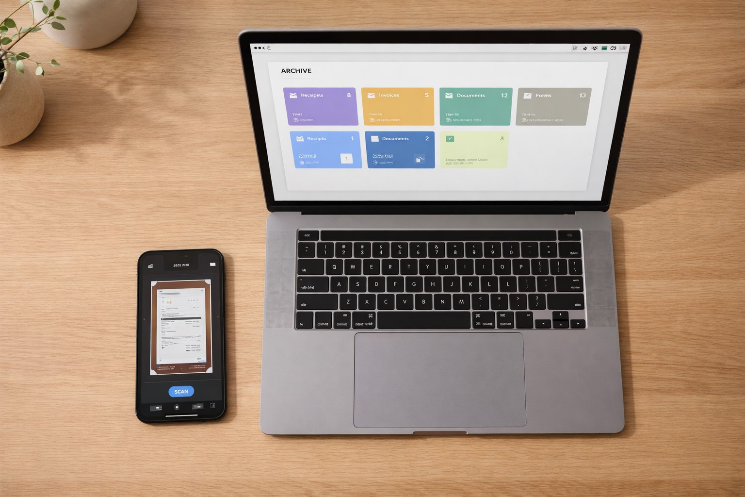 Smartphone with Paperarchive app next to a laptop in a home office