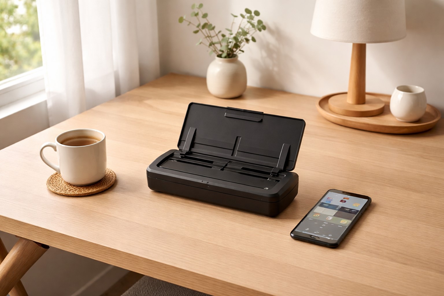 Scanner and smartphone next to a clean desk without paper stacks
