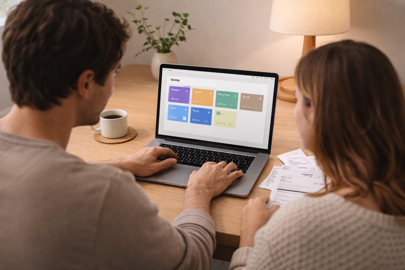 Couple sitting together at a desk looking at documents on a laptop