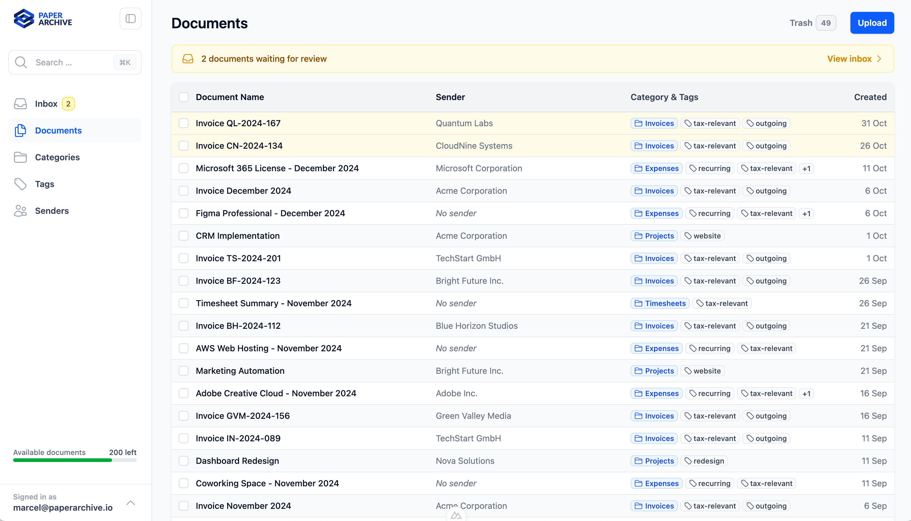 Paperarchive Dashboard showing document organization with AI-powered categorization