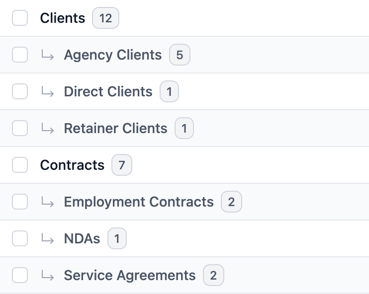 Category hierarchy showing organized folder structure with Clients and Contracts subcategories and document counts