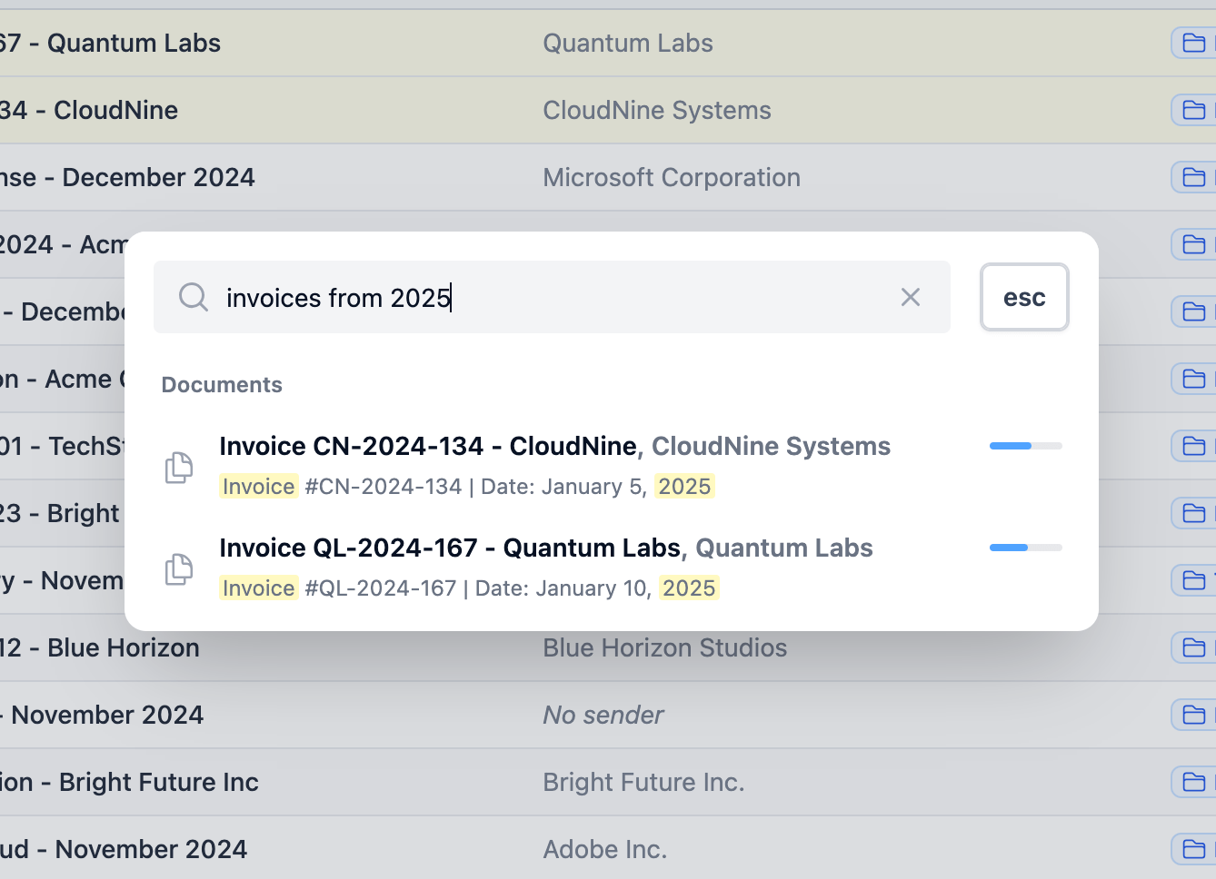 Search interface showing instant results with AI-powered categorization and document preview